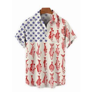 Men's Summer 4 Of July Holiday Hawaiian Shirt w/ Fish Seashells & Star Fish XXL